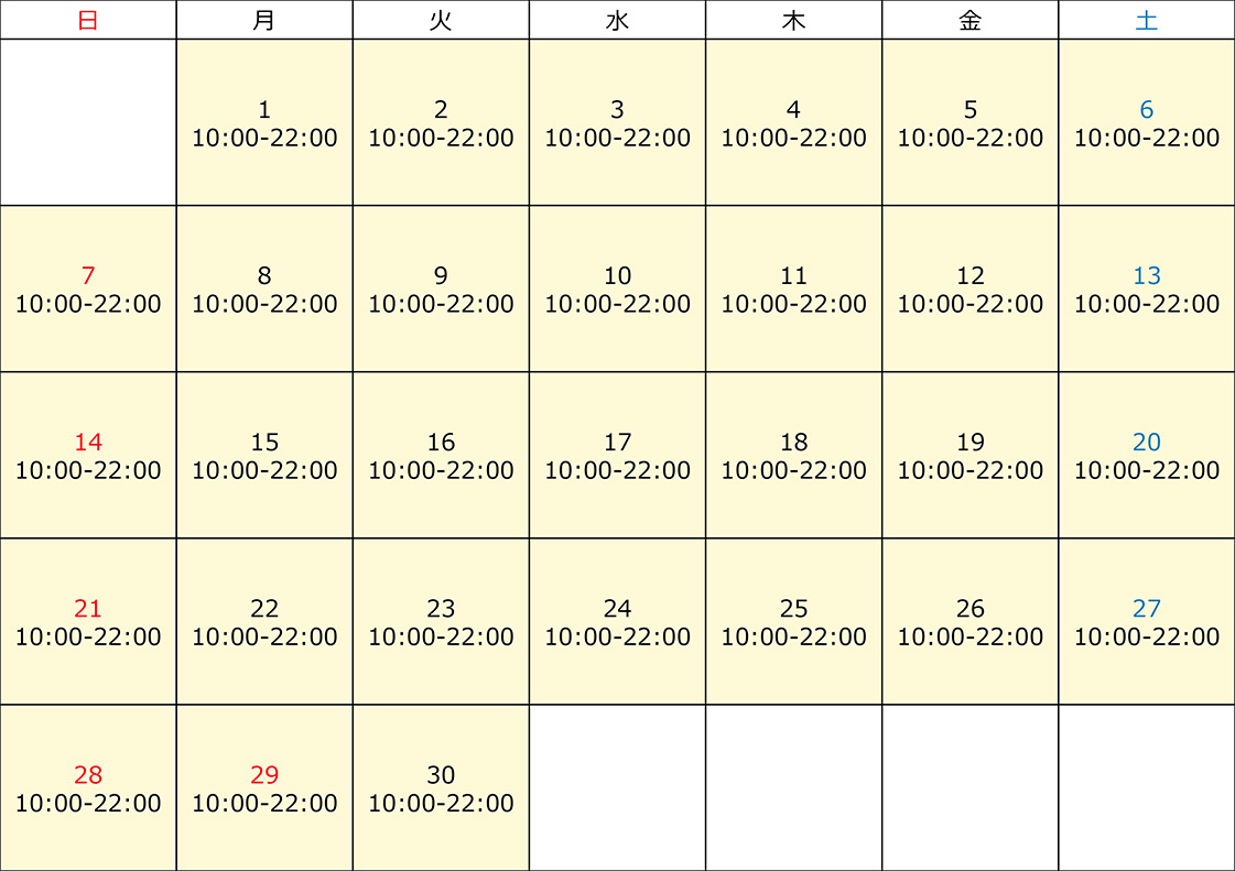 2024年4月 RED° TOKYO TOWER営業時間カレンダー